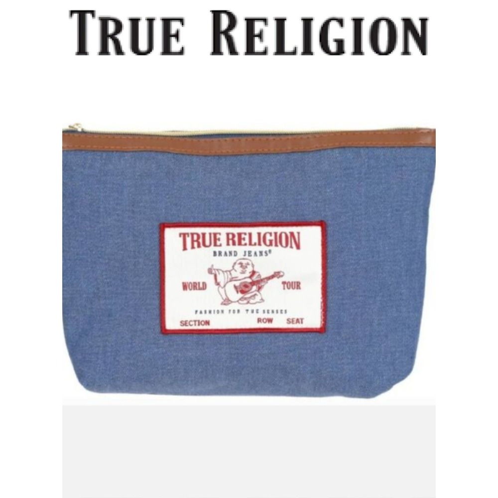 True Religion World Tour Buddha Logo Denim Cosmetic Bag